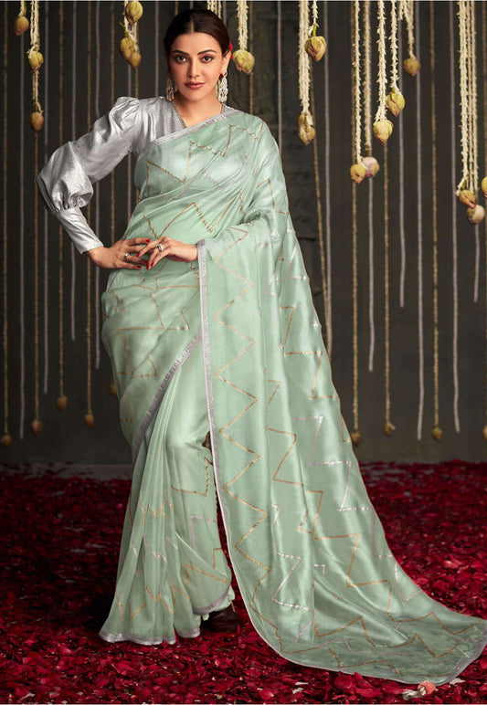 Kajal Agarval Embellished Organza Saree in Sea Green