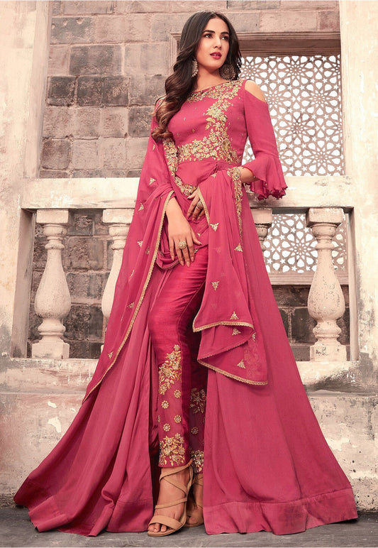 Embroidered Georgette Abaya Style Suit in Old Rose