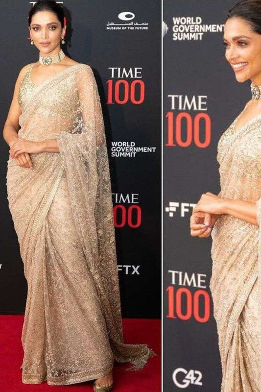 Famous Actress Deepika Padukone Style Off White Dori Work Saree