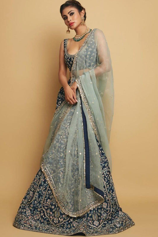 Party Wear Resham Embroidered Eid Lehenga in Taffeta Silk Navy Blue