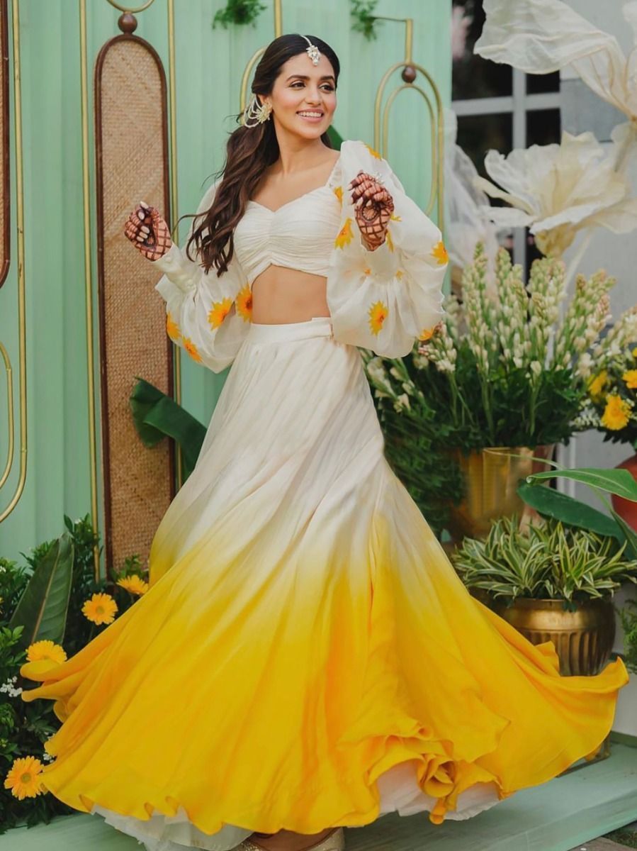 Delightful Yellow And White Organza Digital Print Lehenga Choli