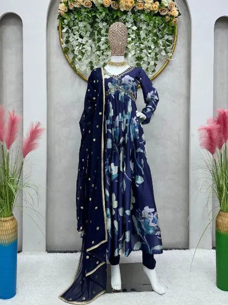 Navy Blue Designer Salwar Suit in Chinon With Handwork and Real Mirror
