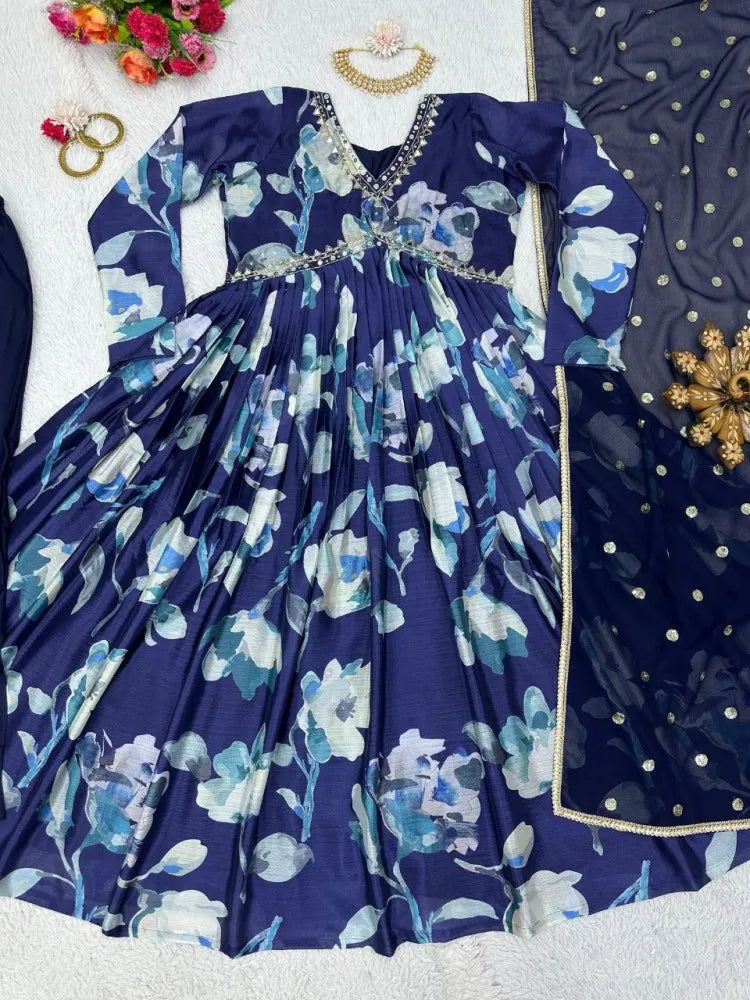 Navy Blue Designer Salwar Suit in Chinon With Handwork and Real Mirror