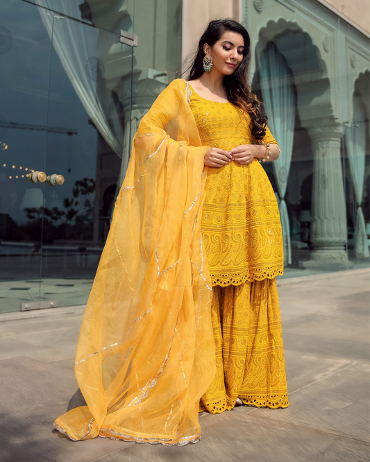 YELLOW JASMINE EMBROIDERED SHARARA SET