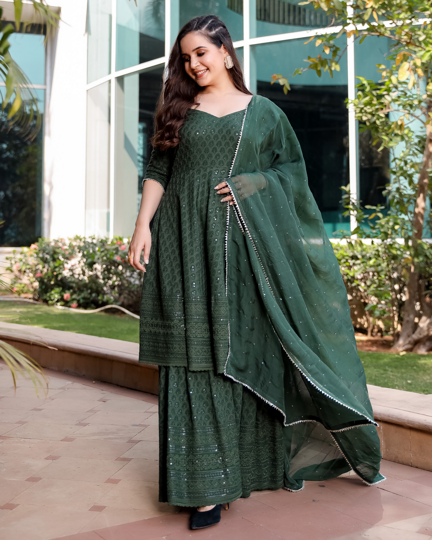 MAJESTIC GREEN CHIKANKARI SHARARA SET