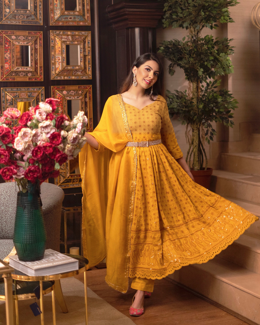 MUSTARD CHIKANKARI ANARKALI SET