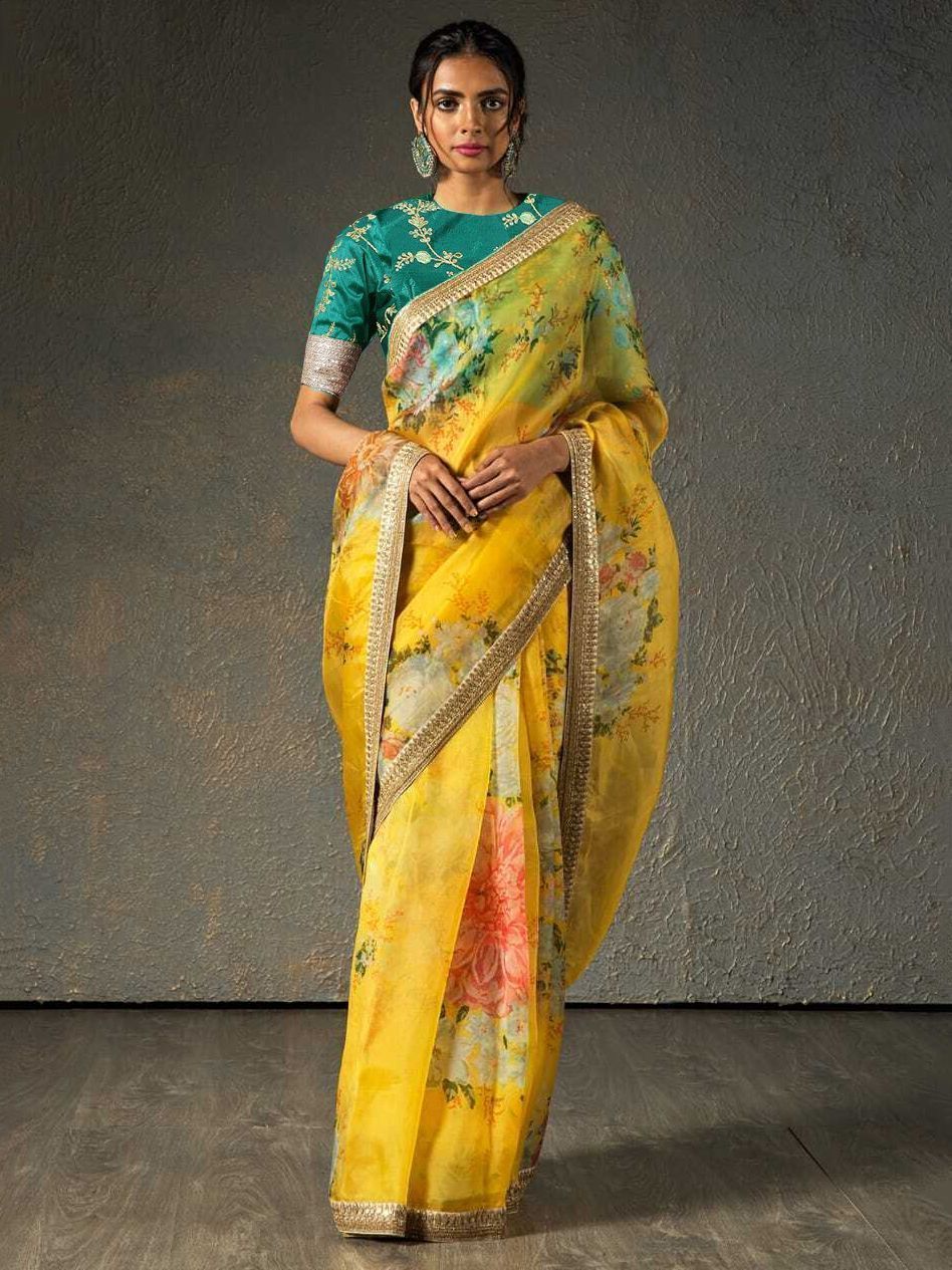 Sabyasachi Yellow Floral Orangza Wedding Wear Saree With Blouse