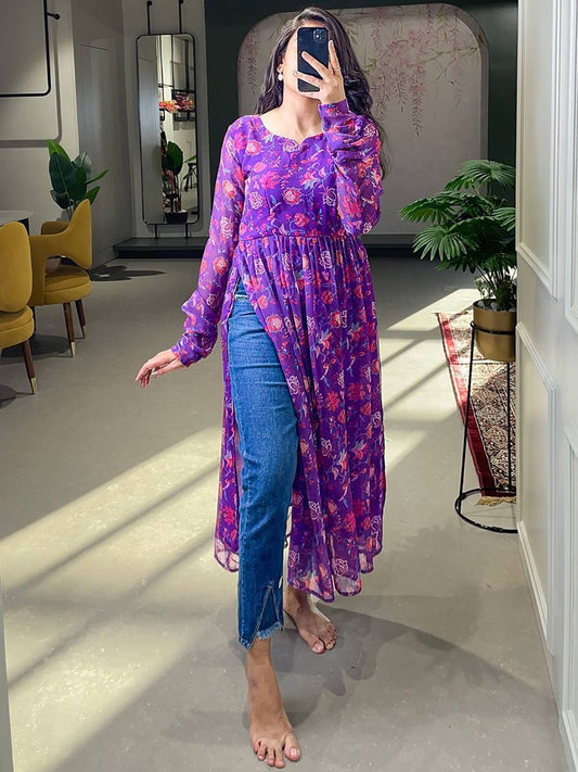 Trendy Purple Floral Printed Georgette Naira Cut Casual Kurti