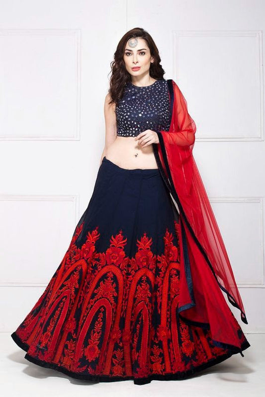 Extra Ordinary Navy Blue And Red Color Online Lehenga Choli