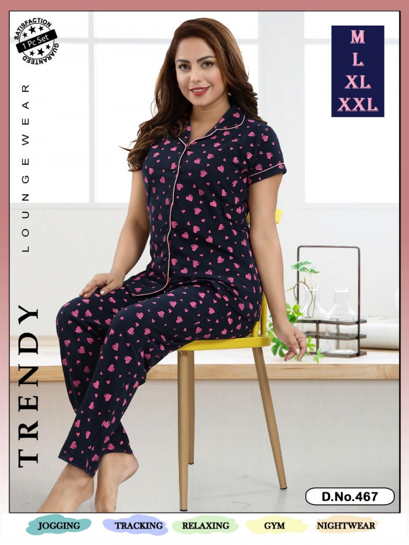 Hearts Printed Navy Blue Color Hosiery Shirt & Pyjama Set