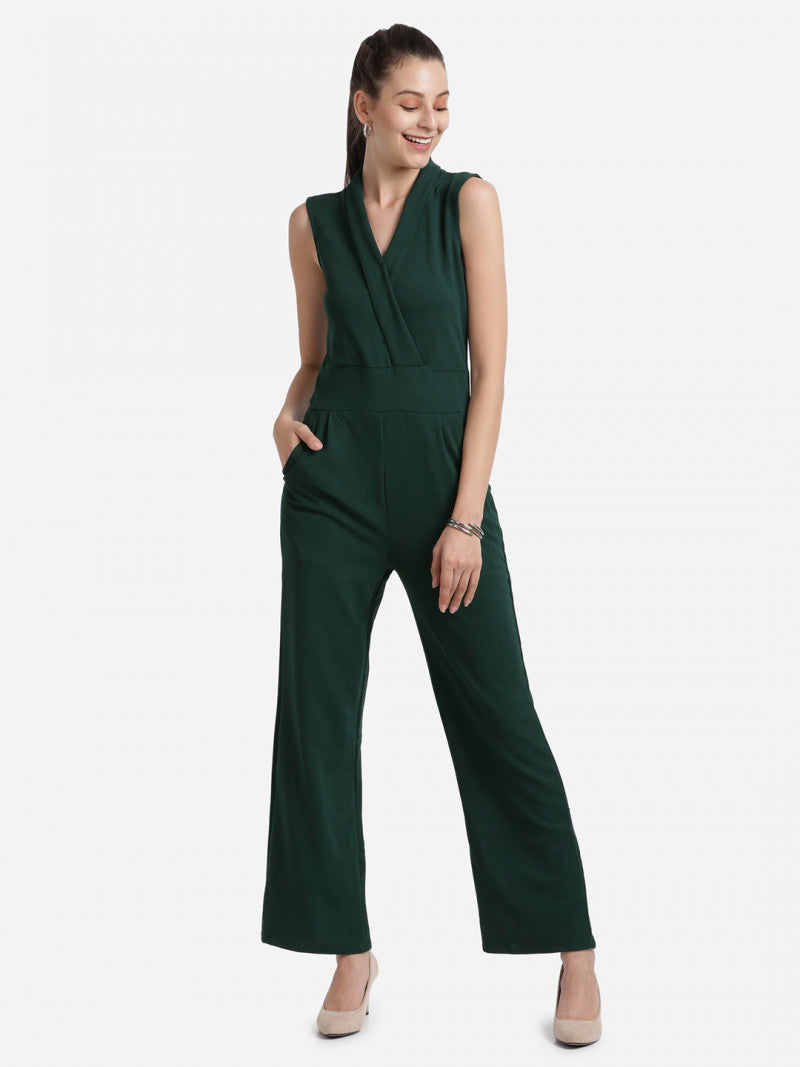 Sleeveless V-Neck Green Color Solid Basic Jumpsuit