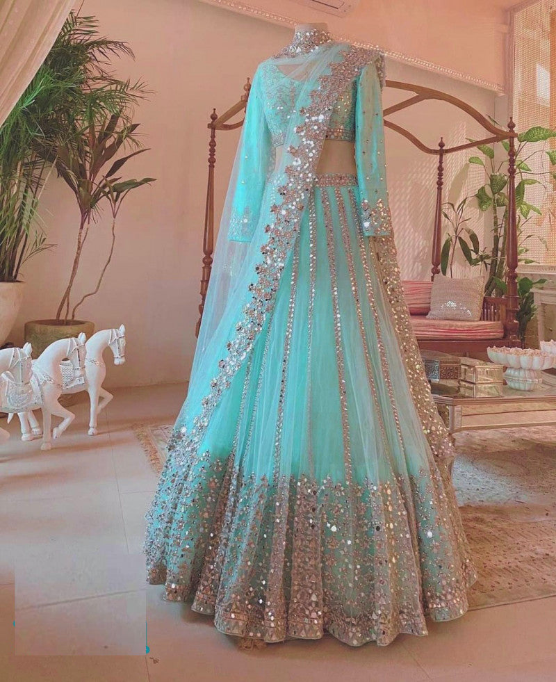 Wedding Extra Ordinary Sky Blue Foil Work Net Lehenga Choli