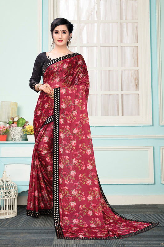 Stunning Pink Rose Printed Red Lycra Online Extra Ordinary Saree