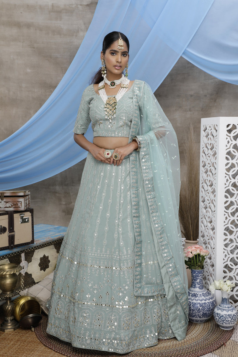 Exclusive Dusty Green Weight Less Embroidred Traditional Lehenga Choli