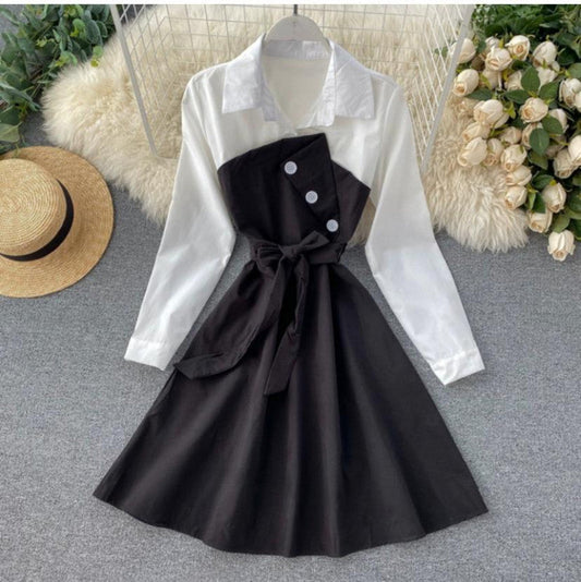 Dreamy Collar Midi Dress Black And White Color