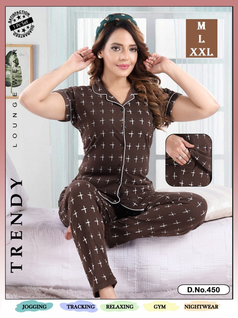 Plus Printed Brown Color Hosiery Shirt & Pyjama Set