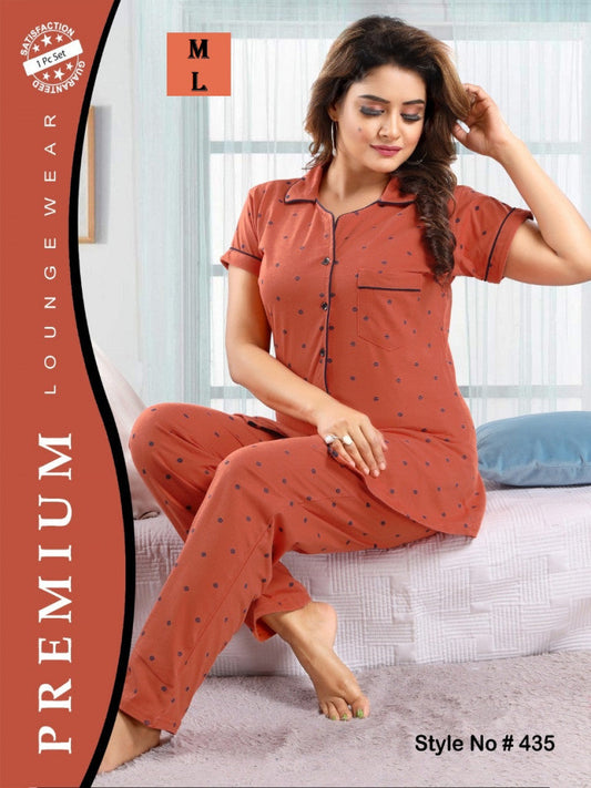 Dot Printed Orange Color Hosiery Shirt & Pyjama Set