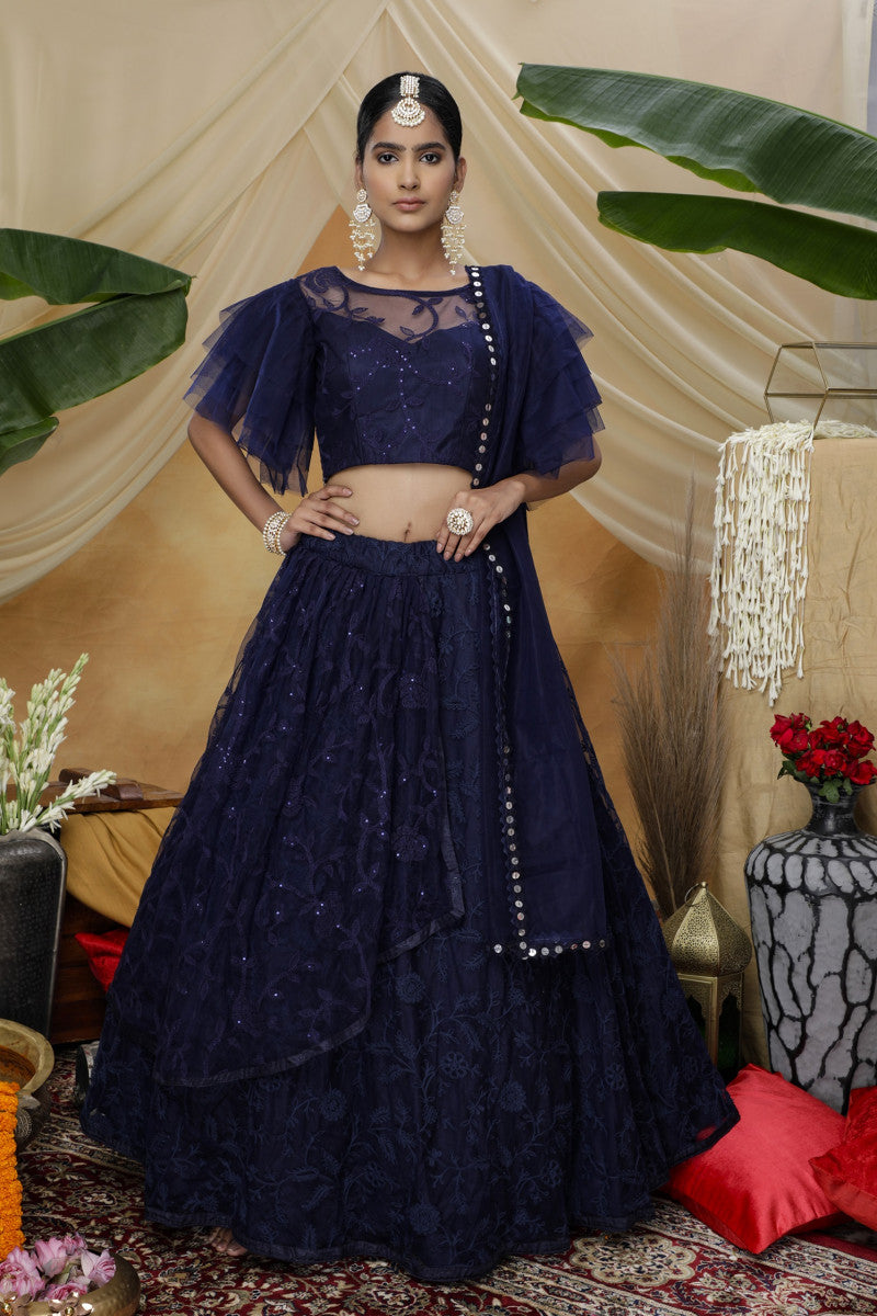 Beautiful Navy Blue Color Net Trendy Work Lehenga Choli