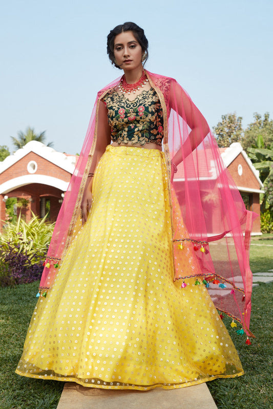 Beautiful Yellow With Green Color Foil Printed Lehenga Choli