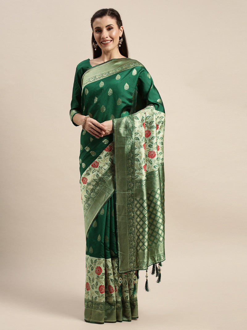 Precious Extra Ordinary Dark Green And Off White Color Banarasi Silk Saree