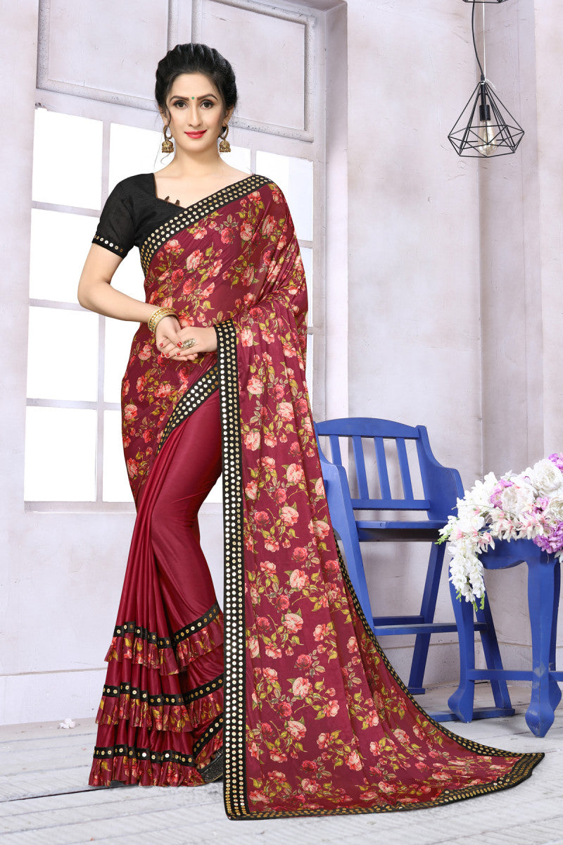 Trending Red Color Ruffle Digital Printed Extra Ordinary Saree