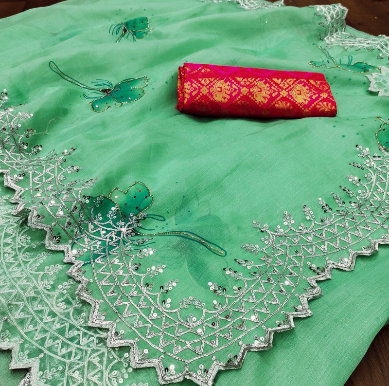 Green Color Organza Silk?Sequine Saree