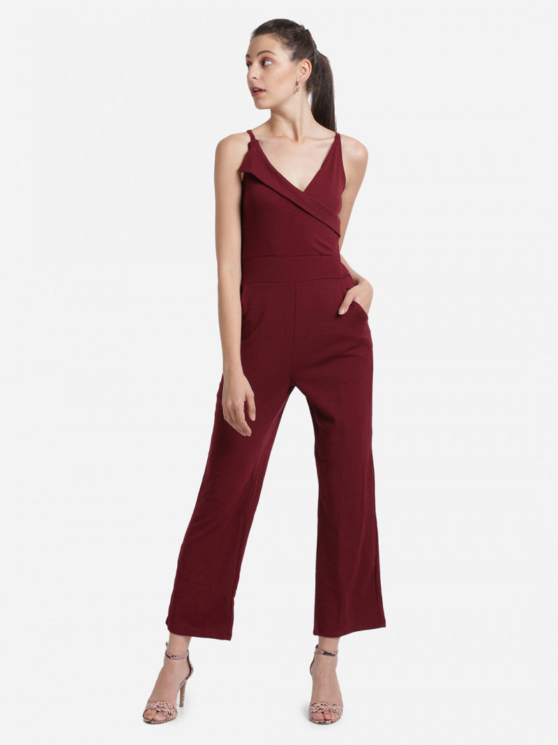 Lightweight V Neck Maroon Color Jumpsuit