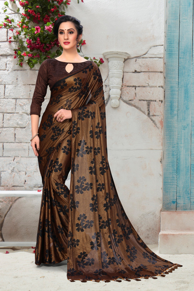 Preferable Flower Print Brown Partywear Lycra Saree