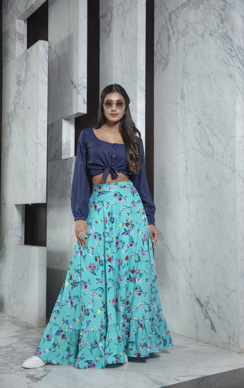 Stylist Sky Blue Color Printed Crop Top Online Lehenga