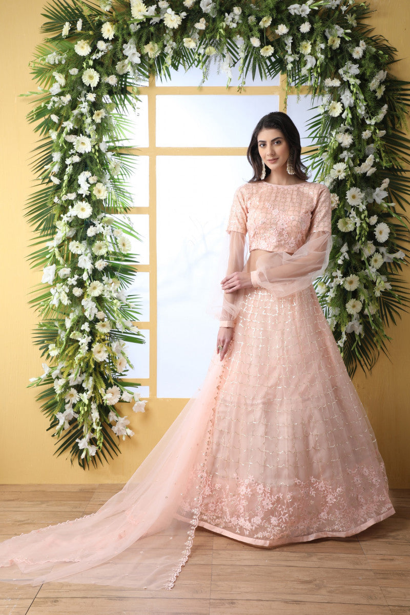 Online Peach Color Net Extra Ordinary Lehenga Choli