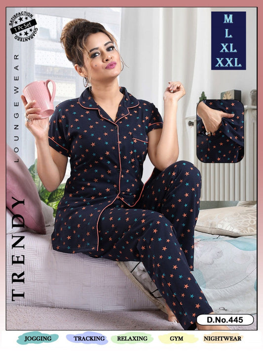 Stars Printed Navy Blue Hosiery Shirt & Pyjama Set