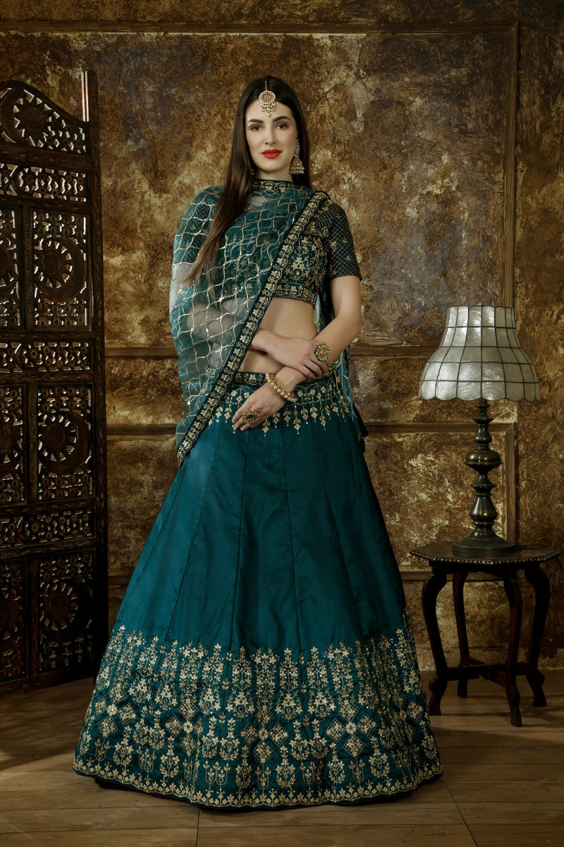 Wedding Wear Teal Green Taffeta Satin Extra Ordinary Lehenga Choli