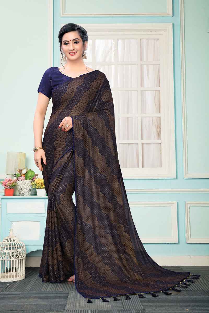 Stunning Blue & Golden Dot Printed Blue Lycra Extra Ordinary Saree