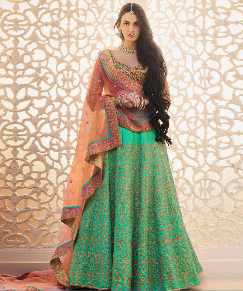 Precious Trending Wedding Wear Sea Green Heavy Banglori Silk Lehenga Choli