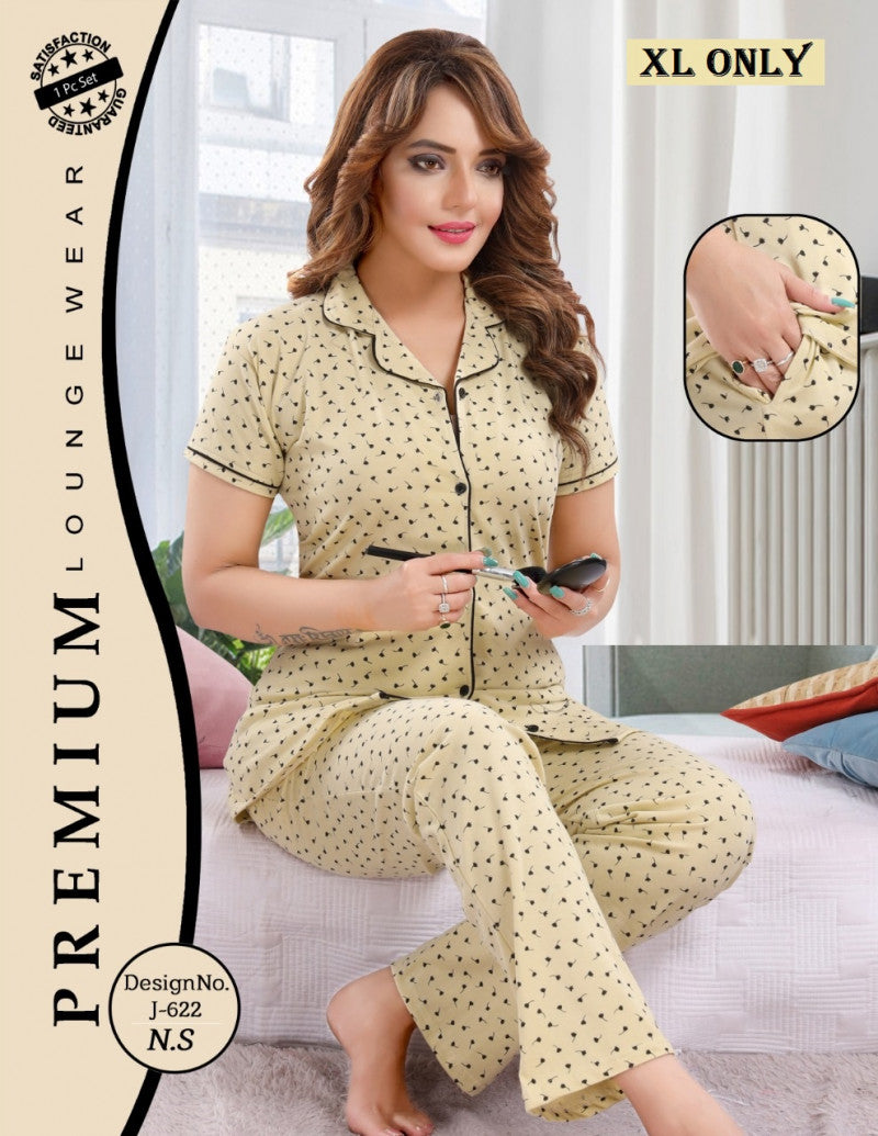 Little Floral Printed Beige Color Hosiery Shirt & Pyjama Set