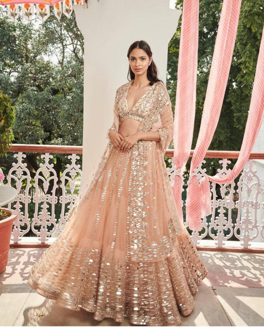 Opulent Soft Mono Net Heavy Embroidery Work Cream Lehenga Choli