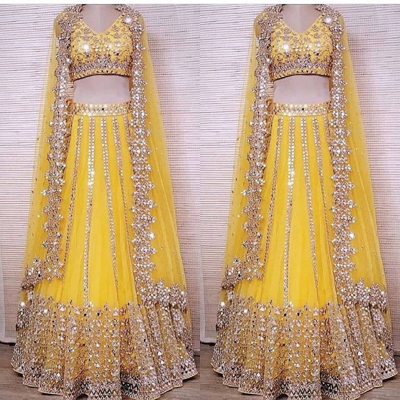 Beautiful Bridal Wear Yellow Net Lehenga Choli