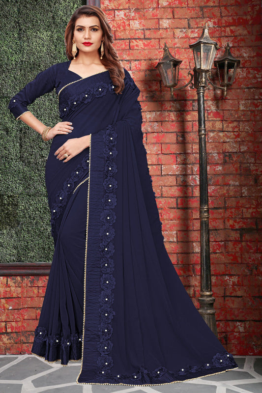 Ethnic Design Ribbin Gotta Patti With Moti Lace Blue Weight Less  Saree