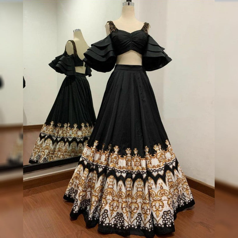 Black Color Online Crop Top With Taffeta Lehenga