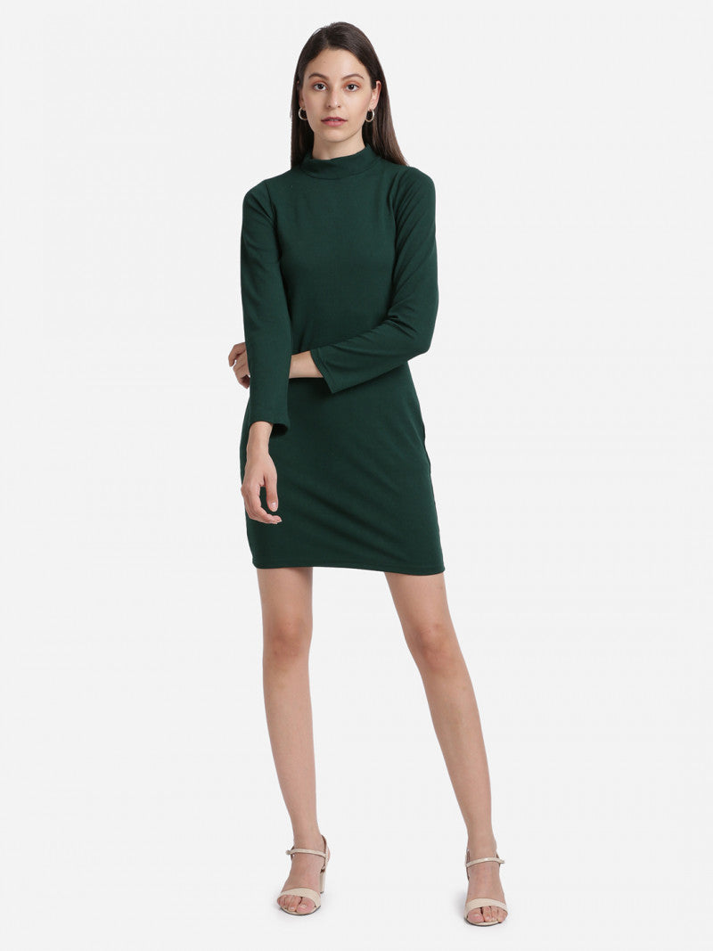 Mock-Neck Bodycon Green Color Dress