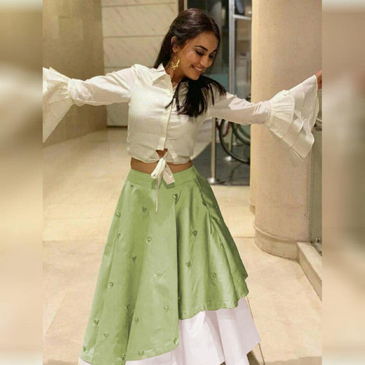 Precious Trending Pista Green And White Online Indowestern Lehenga Choli