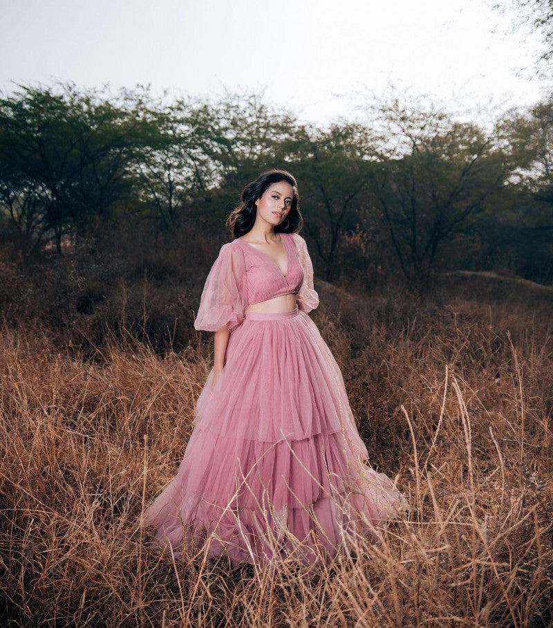 Beautiful Pink Color Net Ruffle Lehenga Choli