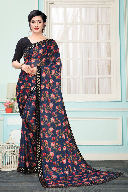 Stunning Pink Rose Printed Navy Blue Lycra Online Extra Ordinary Saree