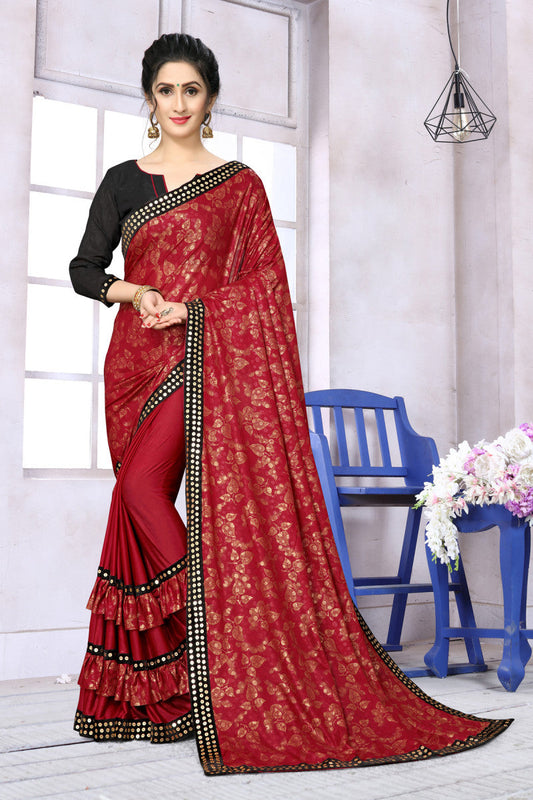 Trending Extra Ordinary Red Ruffle Partywear Lycra Printed Saree