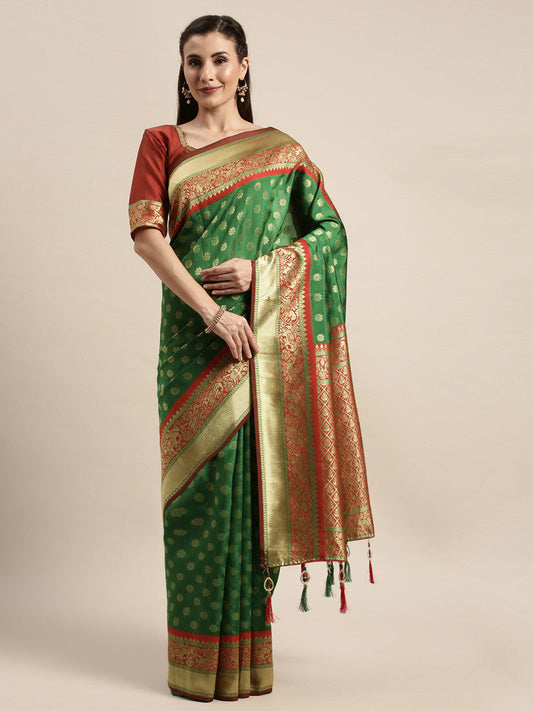 Precious Trending Sea Green And Maroon Color banarasi Silk Saree