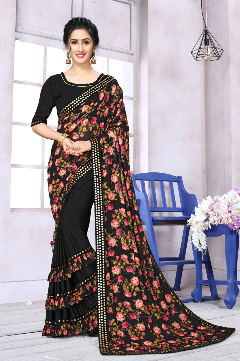 Trending Black Color Ruffle Digital Printed Extra Ordinary Saree