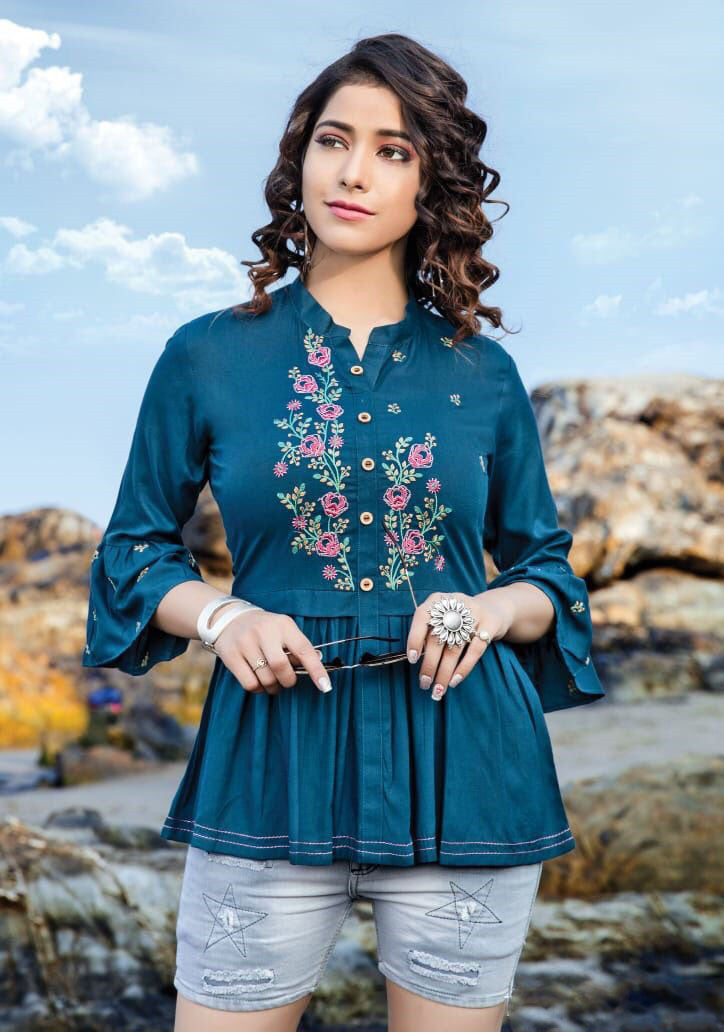 Beautiful  Trendy Work Teal Blue Color Western Top