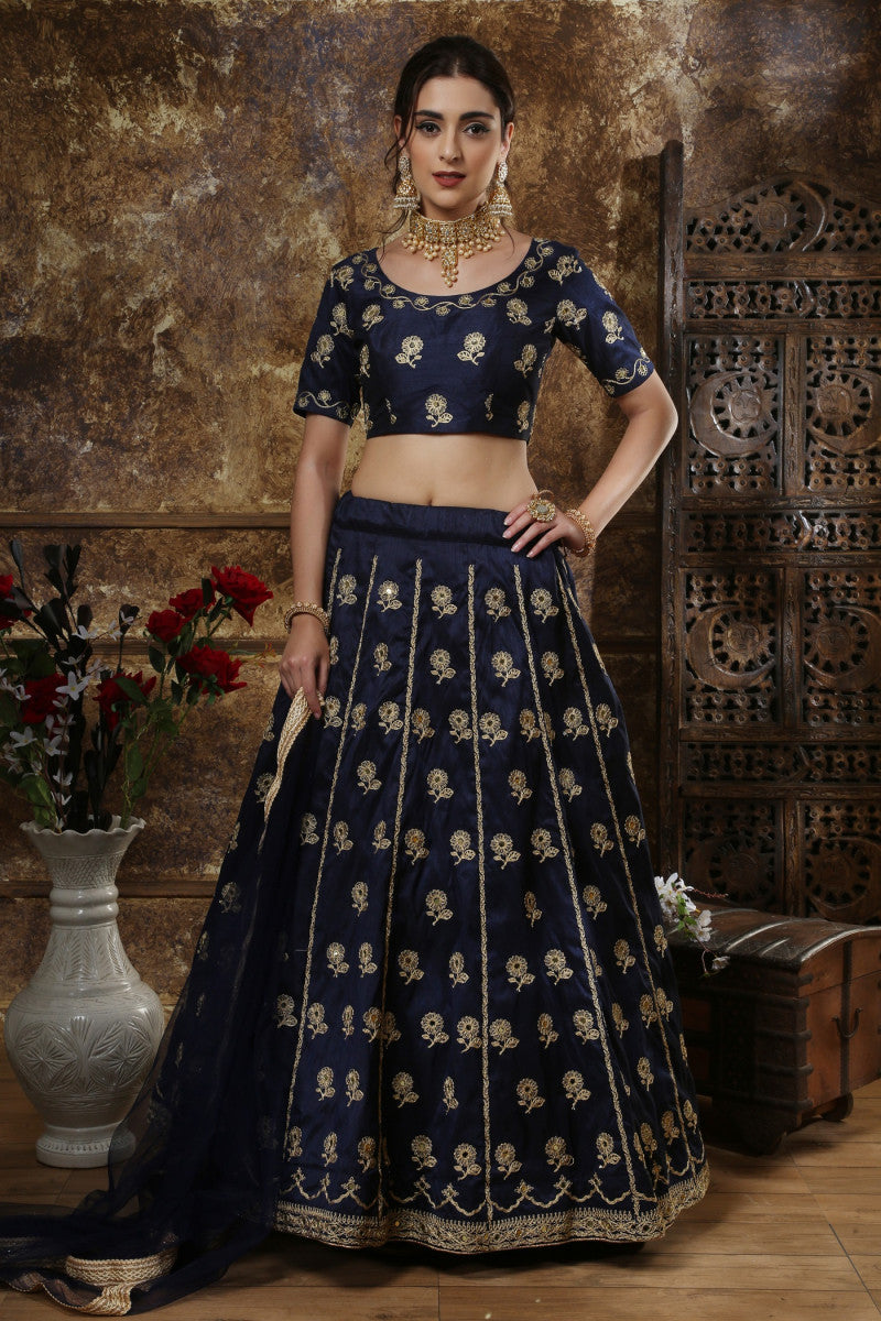 Extra Ordinary Thai Silk Navy Blue ?Real Mirror Work Lehenga Choli