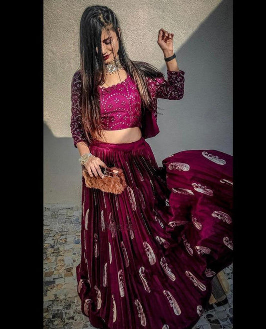 Wedding Wear Wine Color Embroidery Mirror Work Lehenga For Gilrs