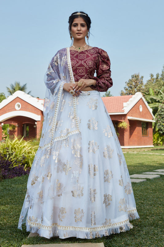 Fabulous Wine With White Color Foil Printed Lehenga Choli